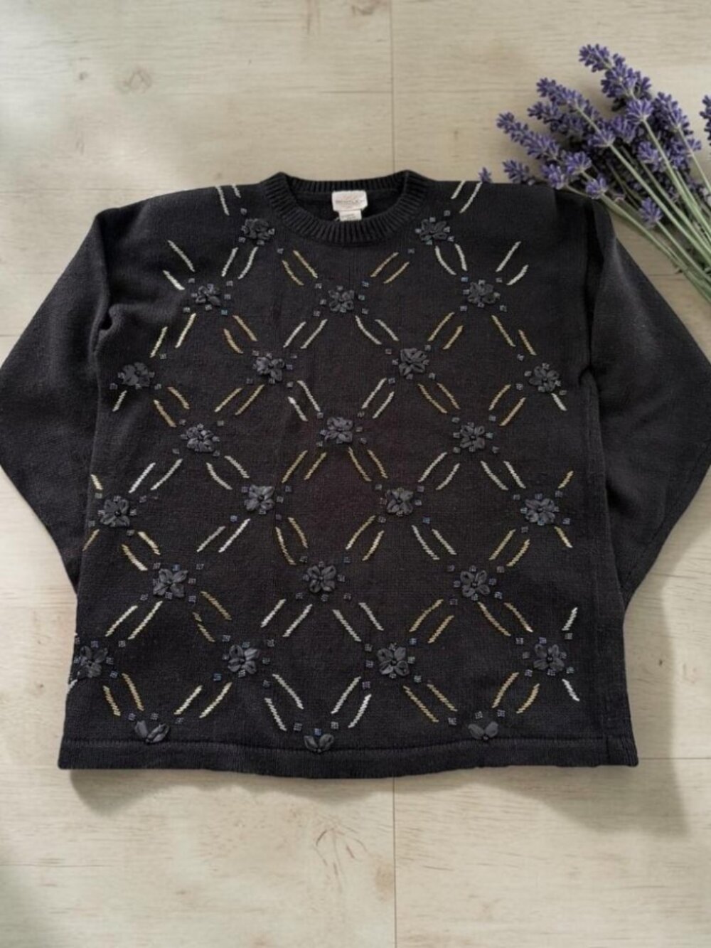 Vintage Bentley Women's Sweater Size L Black Beaded Ribbon Ramie Cotton Padded‎